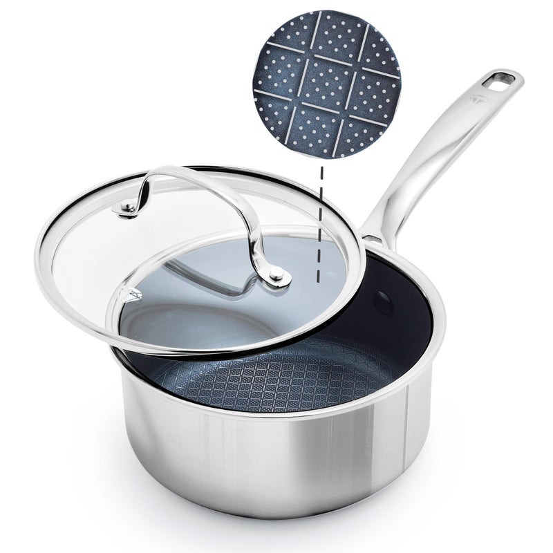 Blue Diamond Hybrid Nonstick Stainless Steel 1.57QT Saucepan with Glass Lid, PFAS-Free Ceramic Diamond Bond Pot, Dishwasher Safe, Stay-Cool Handle, Induction Ready, Compatible with All Cooktops - Image 1