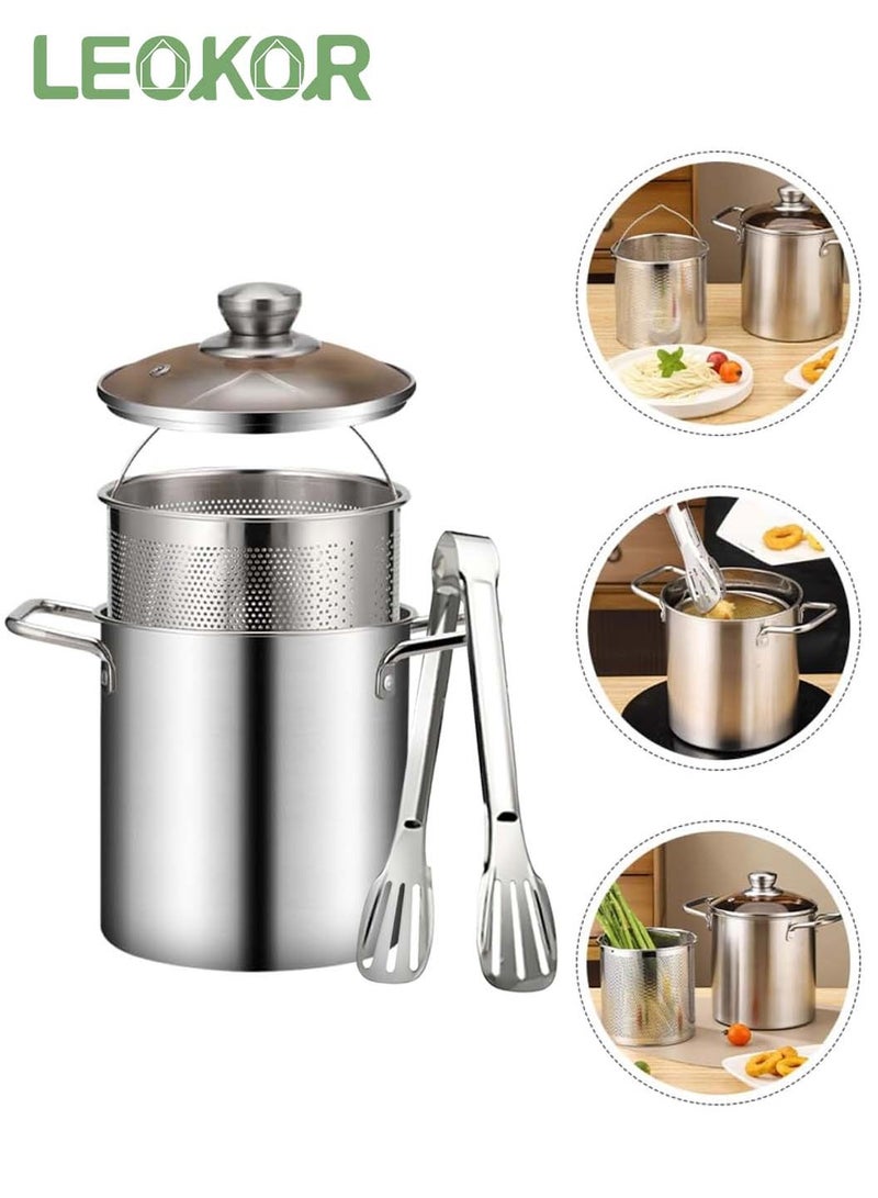 LEOKOR Deep Fryer Pot, 304 Stainless Steel Household Deep Fry Pot with Oil Filter Mesh,Lid and Clip, Portable Heating Kitchen Cooking Tool, Camping Picnic - Image 1