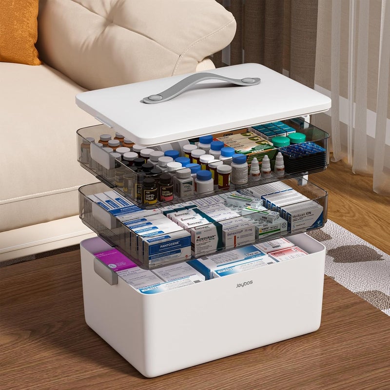 JOYBOS 3-Tier Medicine Storage Box Cabinet, Empty First Aid Kit Portable Medical Supply Organizer with Leather Handle for Home 3-Tier Medicine Storage Box - Image 1