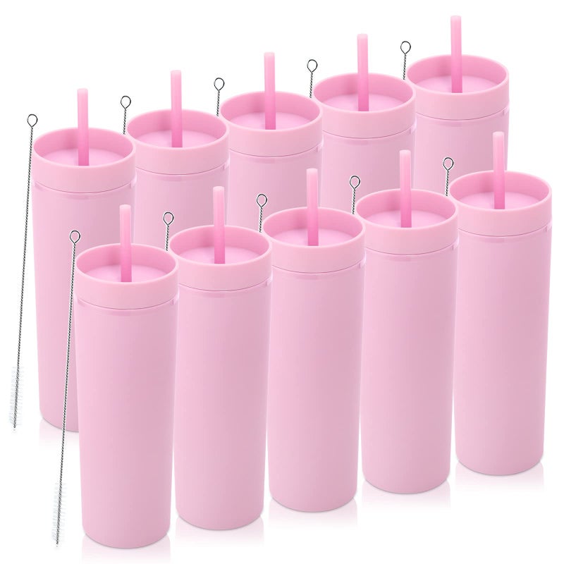 Volhoply 20oz Plastic Skinny Tumblers Bulk 10 PackDouble Wall Tumbler with Lid and StrawBPA Free Matte Acrylic Iced Coffee Cups With StrawReusable Travel Cute Mug for PartyDIY GiftPink 10 Set