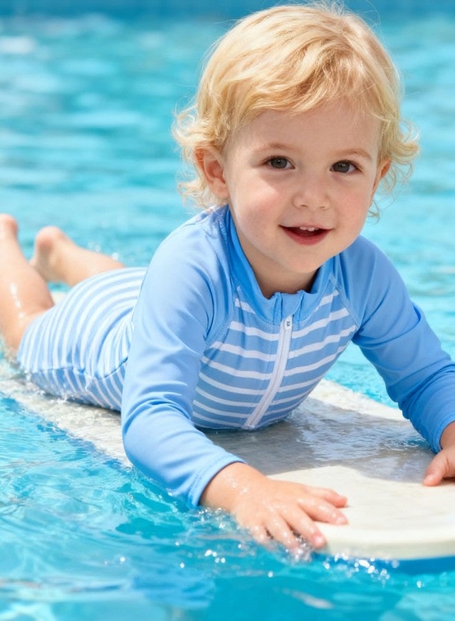 uideazone 6-12 Months Baby Boys and Girls Swimsuit Blue Striped Long Sleeve Sunsuit One Piece Rash Guard Swimwear Swim Suit - Image 3