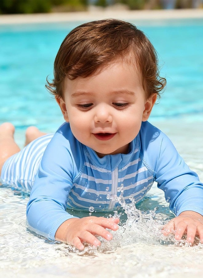 uideazone 6-12 Months Baby Boys and Girls Swimsuit Blue Striped Long Sleeve Sunsuit One Piece Rash Guard Swimwear Swim Suit - Image 5