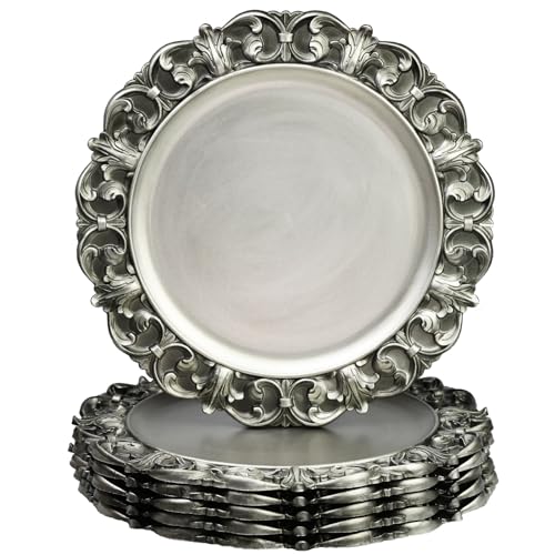 Leemxiiny 13 Antique Silver Charger Plates Set of 6 Plastic Textured Chargers for Dinner Plates with Embossed Rim Table Dcor Party Wedding Holiday
