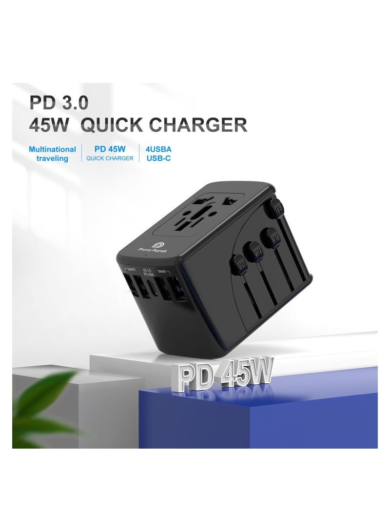 Universal Travel Adapter Plug, Multi-Functional Charger with 4 USB and Type-C Ports, Worldwide Power Socket with Multiple Country Adapters for International Travelers
