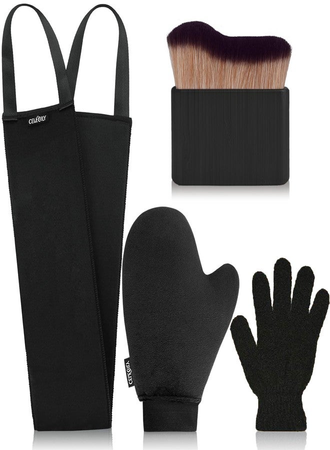 CeleCily 4 in 1 Self Tanning Mitt and Brush Set - 1*Leakproof-lined Self Tanner Mitt, 1*Streakless Back Tanning Applicator, 1*Black Self Tanner Brush, 1*Exfoliating Mitt, Self Tan Mitt Applicator for Lotion - Image 1