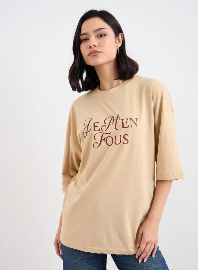 Styli Brown Dropped Shoulder Oversized T-Shirt