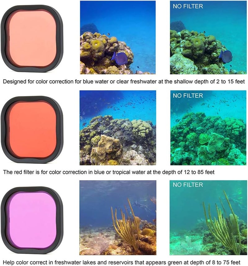 SOONSUN 3-Pack Dive Filter for GoPro Hero 8 9 10 11 12 13 Black Official Waterproof Housing Case - Red, Light Red, Magenta Filters - Color Correction for Underwater Video and Photography - Image 5