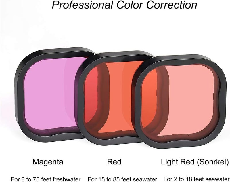 SOONSUN 3-Pack Dive Filter for GoPro Hero 8 9 10 11 12 13 Black Official Waterproof Housing Case - Red, Light Red, Magenta Filters - Color Correction for Underwater Video and Photography - Image 4