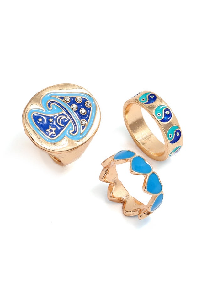 And Korean Style Fashion Retro Ethnic Style Oil Drop Ring Simple Elegant Trend Bagua Array Mushroom Heart-shaped 3-piece Set