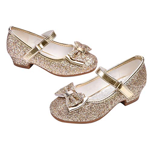 Stelle Girls Dress Shoes Glitter Princess Shoe Flower Mary Jane Low Heels Party Wedding Prom Footwear for Toddler Kids(T08-Gold, 9MT) - Image 1