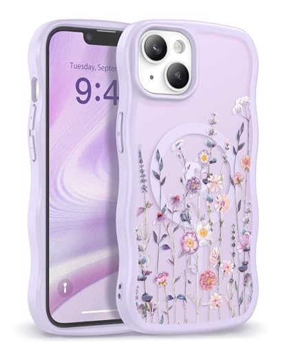 GVIEWIN for iPhone 14 Case & iPhone 13 Case Compatible with MagSafe [Curly Wave Edge] Floral Translucent Shockproof Magnetic Women Phone Case for iPhone 14/13 6.1'', Floratopia/Colorful - Image 1