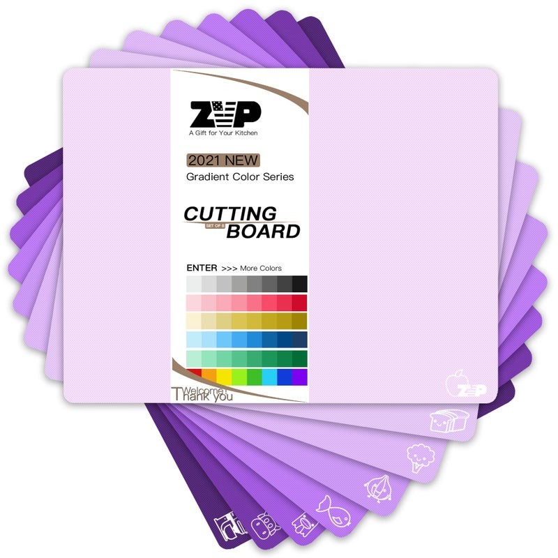 ZVP Plastic Cutting Boards for Kitchen, Flexible Cutting Mats, Gradient Purple Chopping Boards with Food Icon, Non-Slip, Non Porous, BPA Free, Dishwasher Safe - Image 1