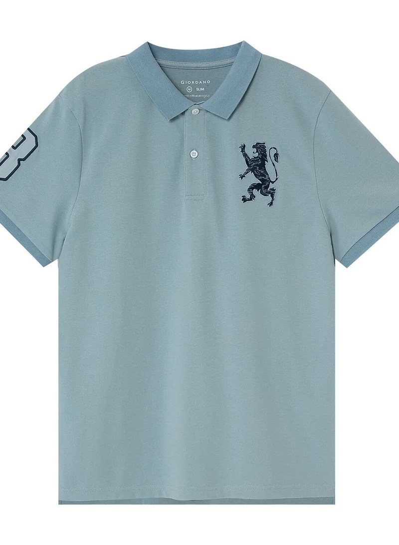 GIORDANO Men's 3D Lion Polo: Slim Fit, Bold Embroidery, Premium Pique