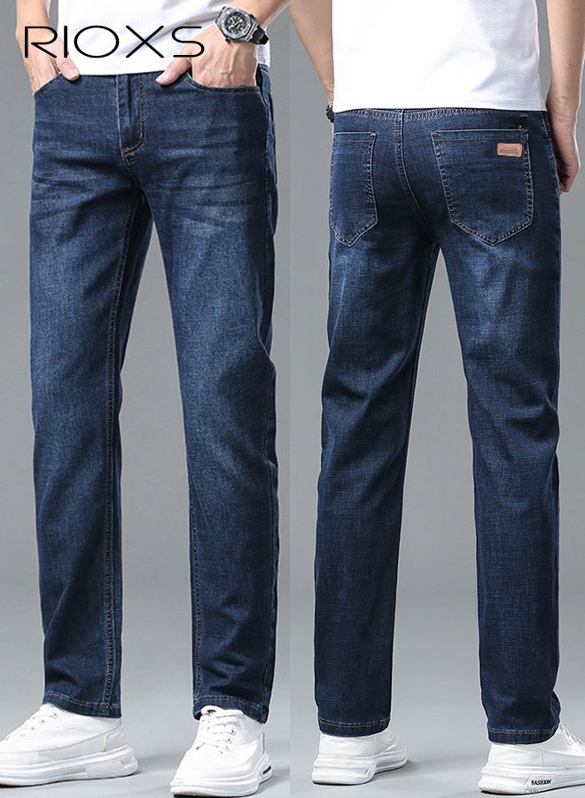 RIOXS Men's Jeans, Straight Leg Denim Pants with Pockets, Casual Skinny Jeans for Men, Classic Light Wash Vintage Slim Fit Denim Trousers, Trendy Stretch Jeans Suitable for Work Or Daily Wear, Blue - Image 2