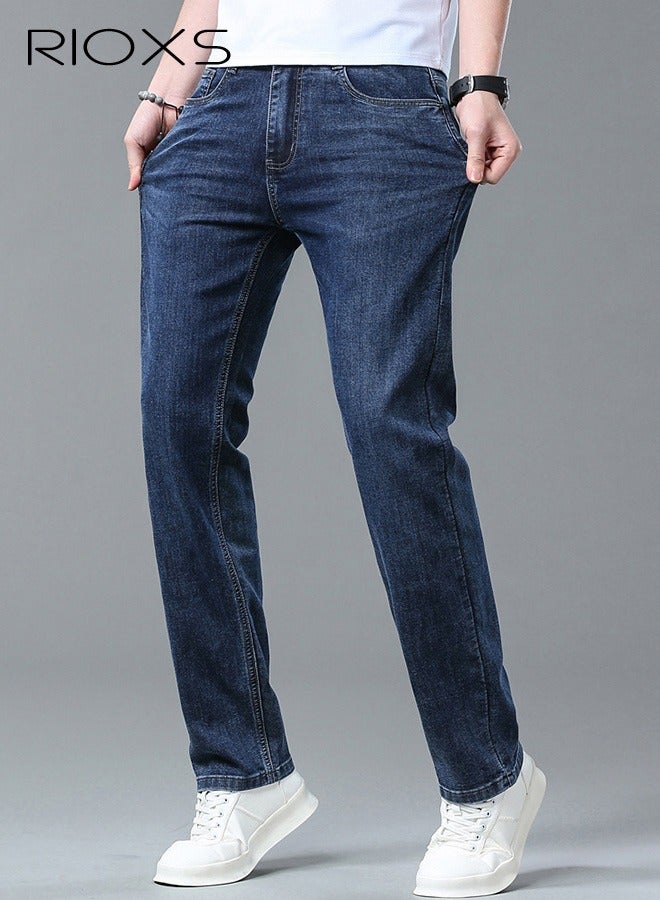 RIOXS Men's Jeans, Straight Leg Denim Pants with Pockets, Casual Skinny Jeans for Men, Classic Light Wash Vintage Slim Fit Denim Trousers, Trendy Stretch Jeans Suitable for Work Or Daily Wear, Blue - Image 1