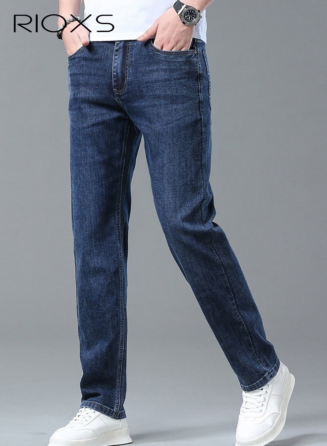 RIOXS Men's Jeans, Straight Leg Denim Pants with Pockets, Casual Skinny Jeans for Men, Classic Light Wash Vintage Slim Fit Denim Trousers, Trendy Stretch Jeans Suitable for Work Or Daily Wear, Blue - Image 3