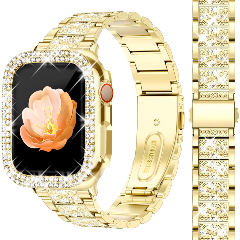 Newlibery Bling Watch Bands with Bling Case for Women Compatible with Apple Watch Band 40mm Elegant Dressy Jewelry Replacement Metal Link Wristband Protector Cover for iWatch Series 6/5/4/SE Gold - Image 1