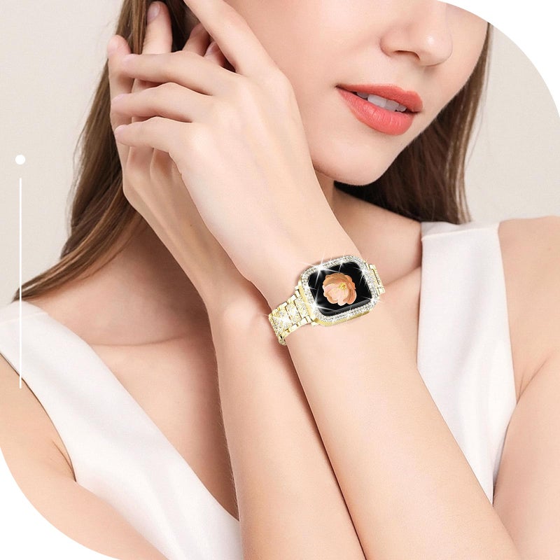 Newlibery Bling Watch Bands with Bling Case for Women Compatible with Apple Watch Band 40mm Elegant Dressy Jewelry Replacement Metal Link Wristband Protector Cover for iWatch Series 6/5/4/SE Gold - Image 4