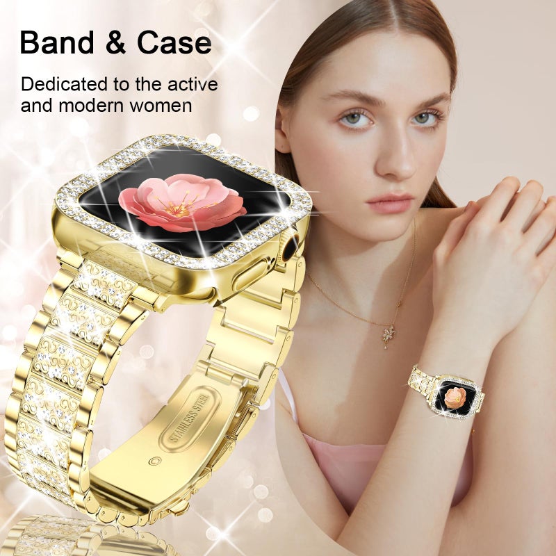 Newlibery Bling Watch Bands with Bling Case for Women Compatible with Apple Watch Band 40mm Elegant Dressy Jewelry Replacement Metal Link Wristband Protector Cover for iWatch Series 6/5/4/SE Gold - Image 2