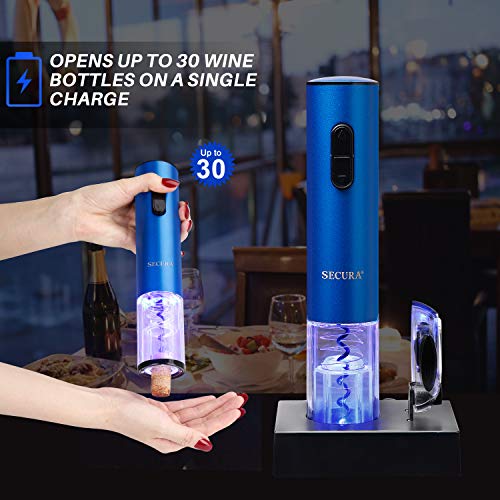 Secura Electric Wine Opener, Automatic Electric Wine Bottle Corkscrew Opener with Foil Cutter, Rechargeable (Blue) - Image 4