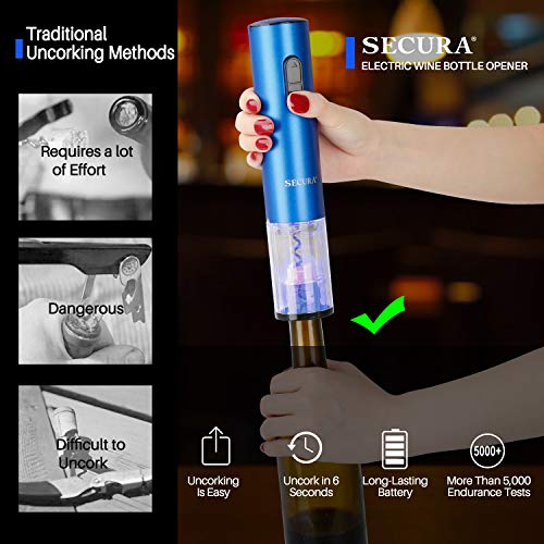 Secura Electric Wine Opener, Automatic Electric Wine Bottle Corkscrew Opener with Foil Cutter, Rechargeable (Blue) - Image 2