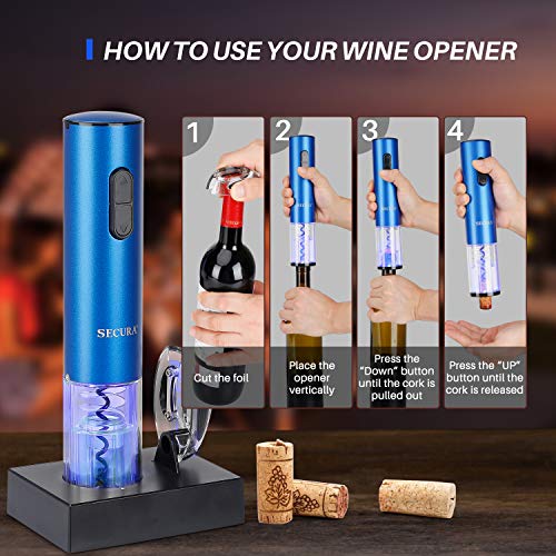 Secura Electric Wine Opener, Automatic Electric Wine Bottle Corkscrew Opener with Foil Cutter, Rechargeable (Blue) - Image 3