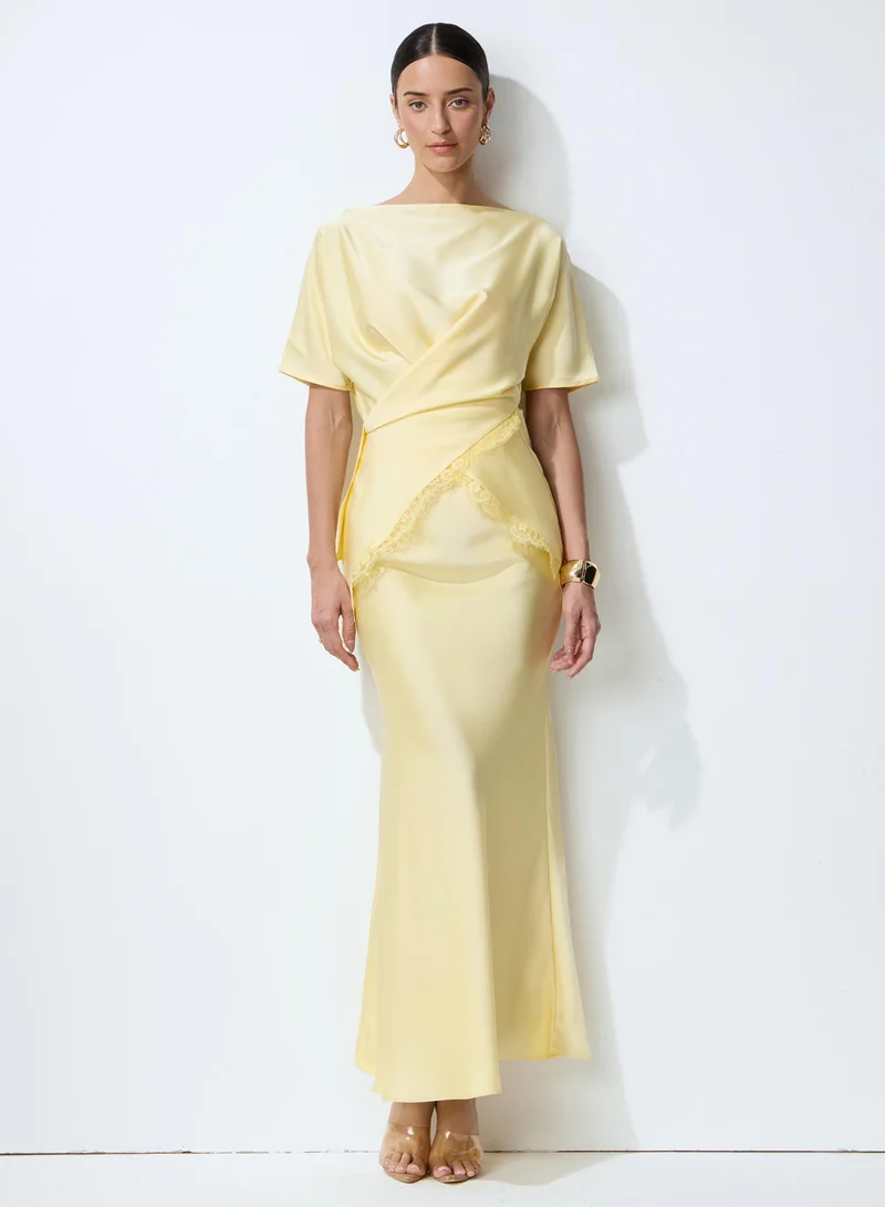 Sunfere Falling for this Yellow Lace Trim Blouse & Satin Skirt Set