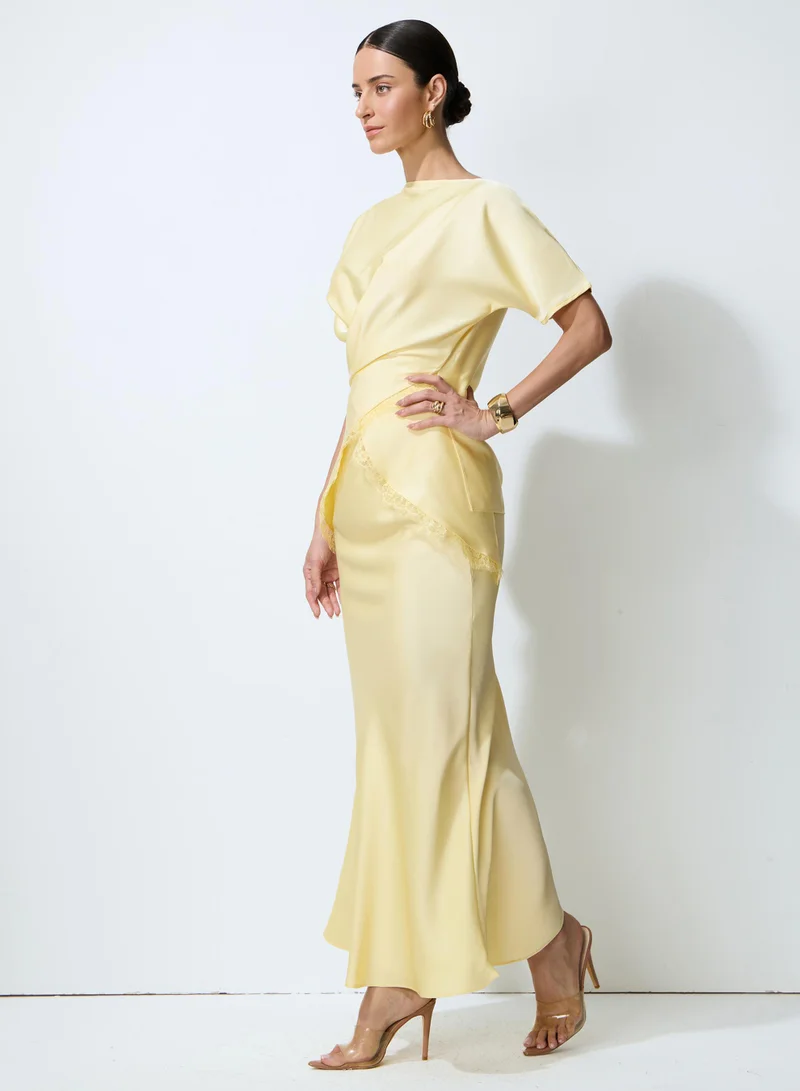 Sunfere Falling for this Yellow Lace Trim Blouse & Satin Skirt Set