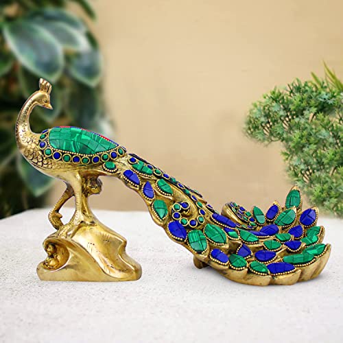 ARTVARKO Artavrko Peacock Brass with Multicolor Gemstone Handwork Showpiece Idol Figurine Sculpture for Home Decoration, Size(L-11 W-4 H-7 Inch 2.8 Kg) - Image 1