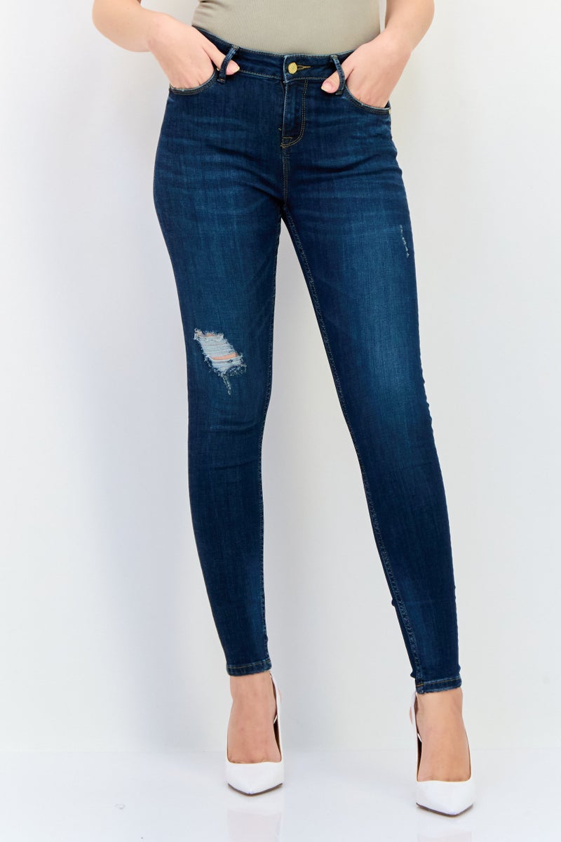 ONLY Women Skinny Fit Ripped Stretchable Jeans, Dark Blue - Image 1