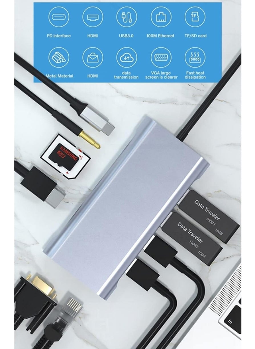 Store Type C Hub 11 In 1 USB C Docking Station 4K HDMI, VGA, Type C PD, USB3.0, RJ45 Ethernet, SD/TF Aux Macbook PC Compatible Adapter Multiplexer Converter Converter HUB114  - Image 3