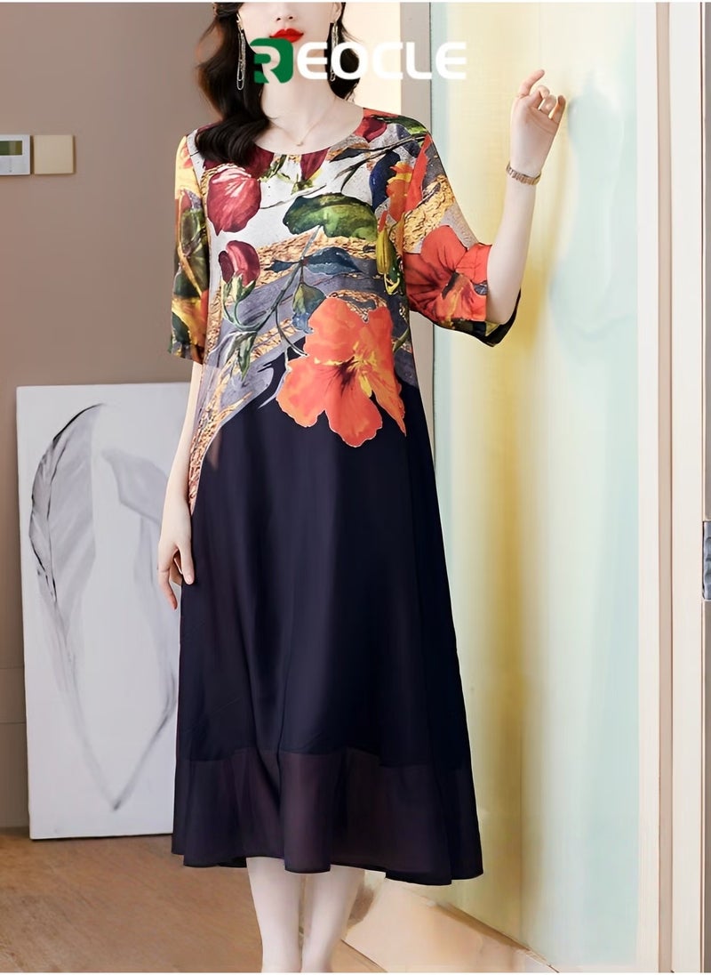 REOCLE Women's Maxi Dress with Floral Print Casual Loose Half Sleeve Dress Round Neck Slim Fit Dress Plus Size Gentle Style Long Skirt  - Image 1