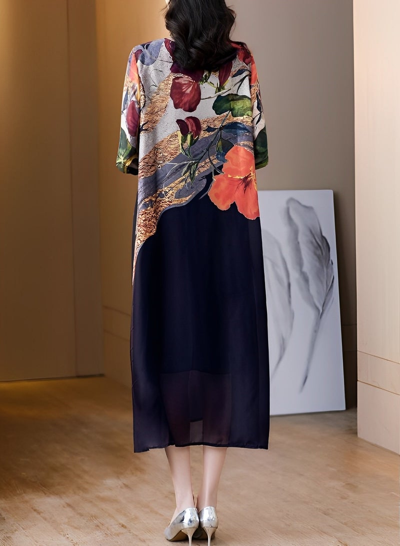 REOCLE Women's Maxi Dress with Floral Print Casual Loose Half Sleeve Dress Round Neck Slim Fit Dress Plus Size Gentle Style Long Skirt  - Image 4