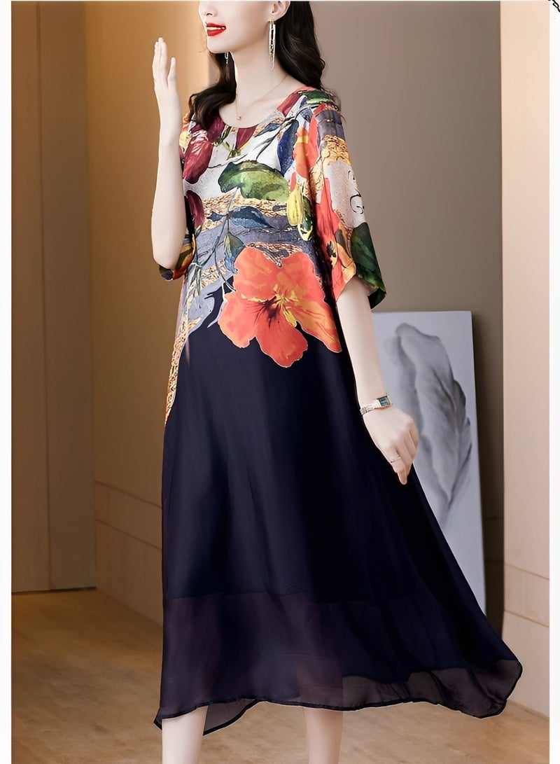REOCLE Women's Maxi Dress with Floral Print Casual Loose Half Sleeve Dress Round Neck Slim Fit Dress Plus Size Gentle Style Long Skirt  - Image 5