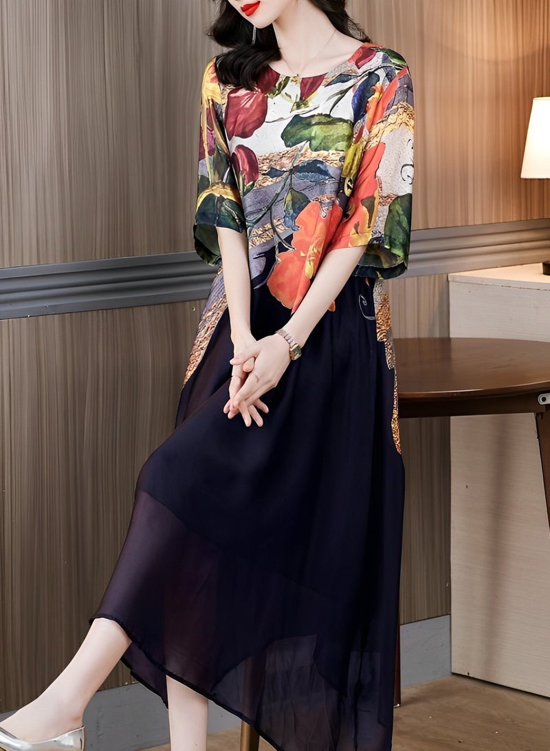REOCLE Women's Maxi Dress with Floral Print Casual Loose Half Sleeve Dress Round Neck Slim Fit Dress Plus Size Gentle Style Long Skirt  - Image 2