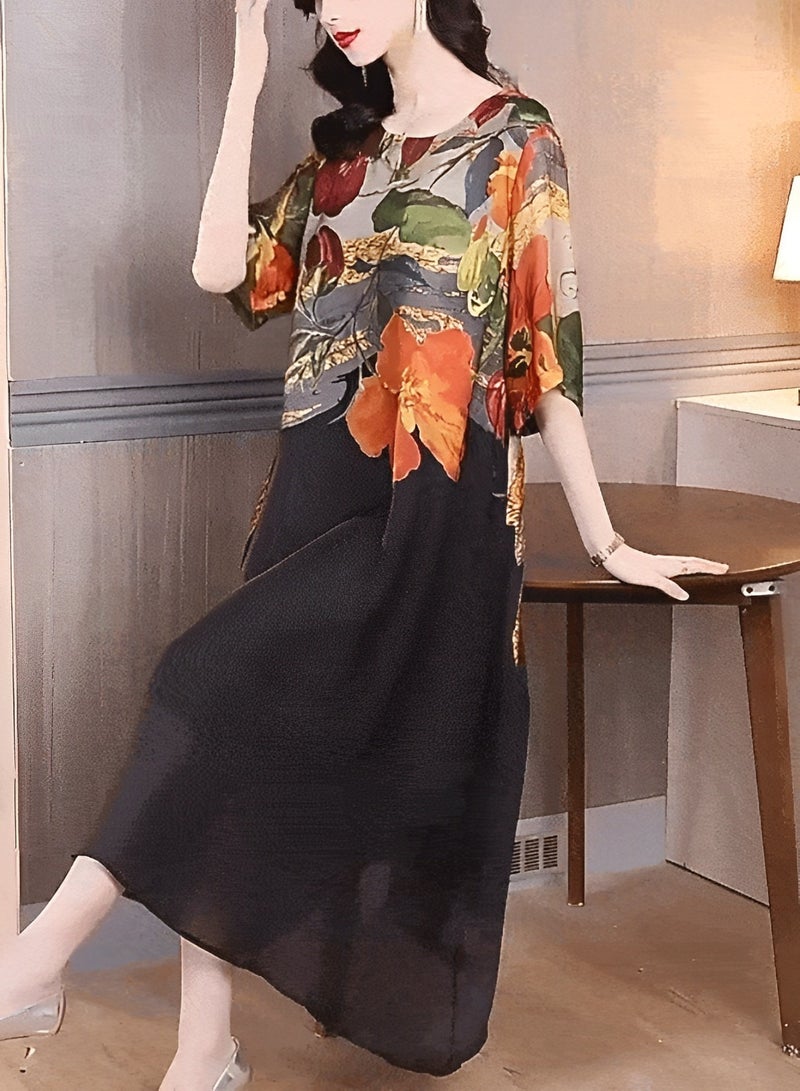 REOCLE Women's Maxi Dress with Floral Print Casual Loose Half Sleeve Dress Round Neck Slim Fit Dress Plus Size Gentle Style Long Skirt  - Image 3