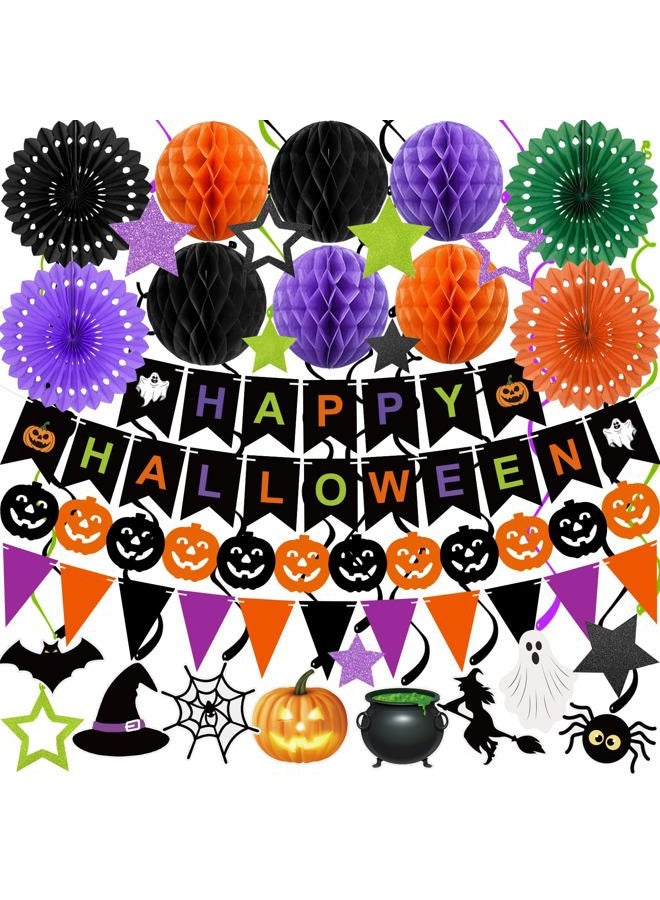 Labrostar Halloween Party Decorations Happy Halloween Banner Honeycomb Balls Paper Fans Hanging Swirls Triangle Garland for Indoor Home Office Class School Party Supplies - Image 1