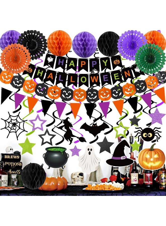 Labrostar Halloween Party Decorations Happy Halloween Banner Honeycomb Balls Paper Fans Hanging Swirls Triangle Garland for Indoor Home Office Class School Party Supplies - Image 2
