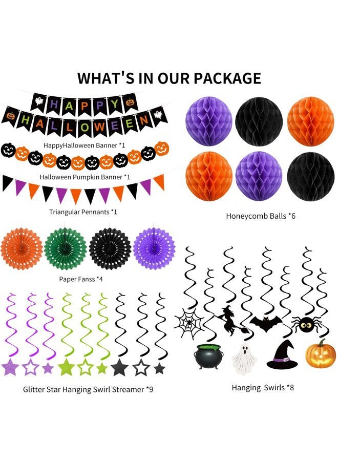 Labrostar Halloween Party Decorations Happy Halloween Banner Honeycomb Balls Paper Fans Hanging Swirls Triangle Garland for Indoor Home Office Class School Party Supplies - Image 3