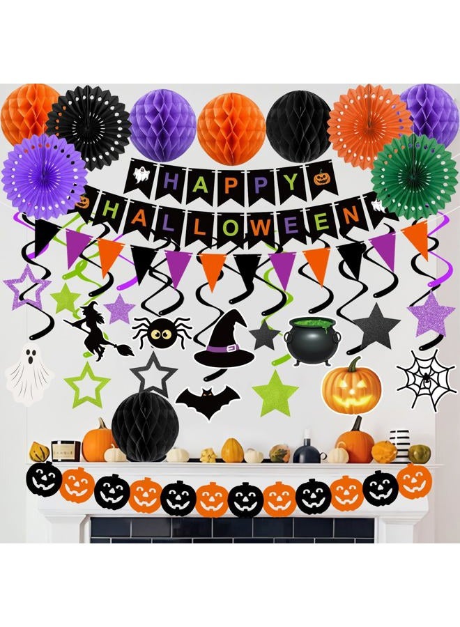 Labrostar Halloween Party Decorations Happy Halloween Banner Honeycomb Balls Paper Fans Hanging Swirls Triangle Garland for Indoor Home Office Class School Party Supplies - Image 5