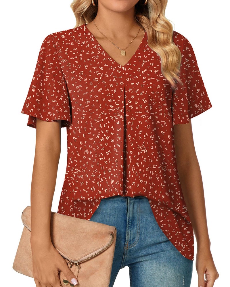Anyally Women's Summer Dressy Chiffon Blouses V Neck Ruffle Short Sleeve Tunic Tops for Leggings Casual T-Shirts, L Polka Dots Red - Image 1