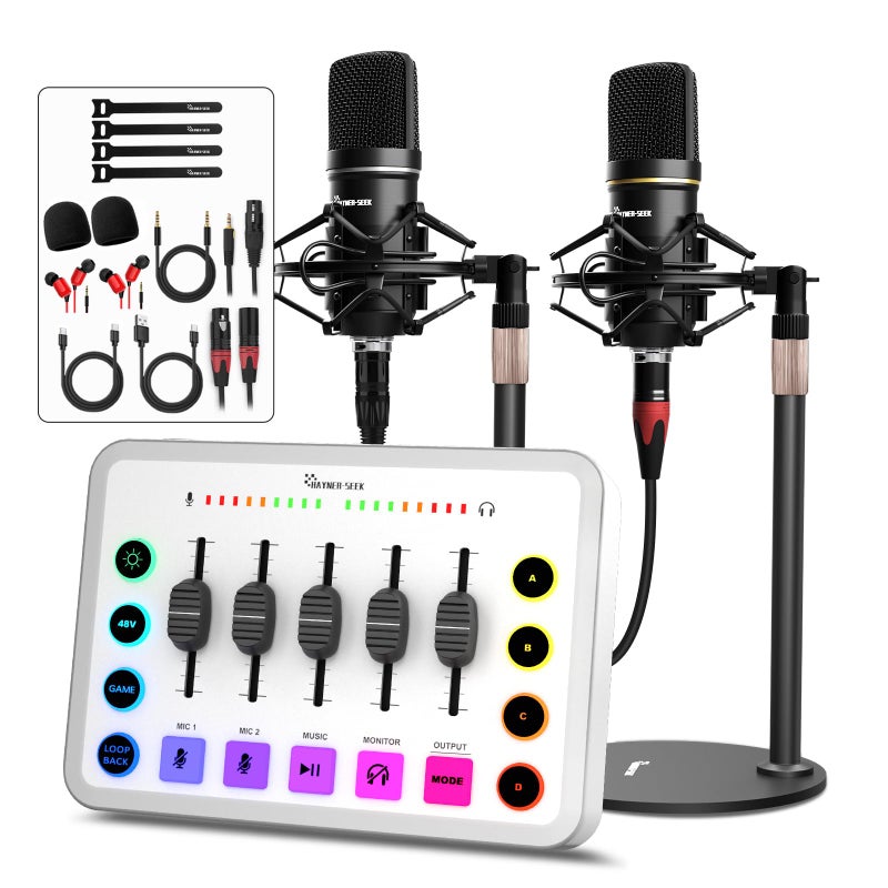 Podcast Equipment Bundle for 2 Streaming Audio Interface with 5 Channel XLR Microphone Interface RGB48V Phantom Power Perfect for GamePodcastRecordTikTokWhite H1