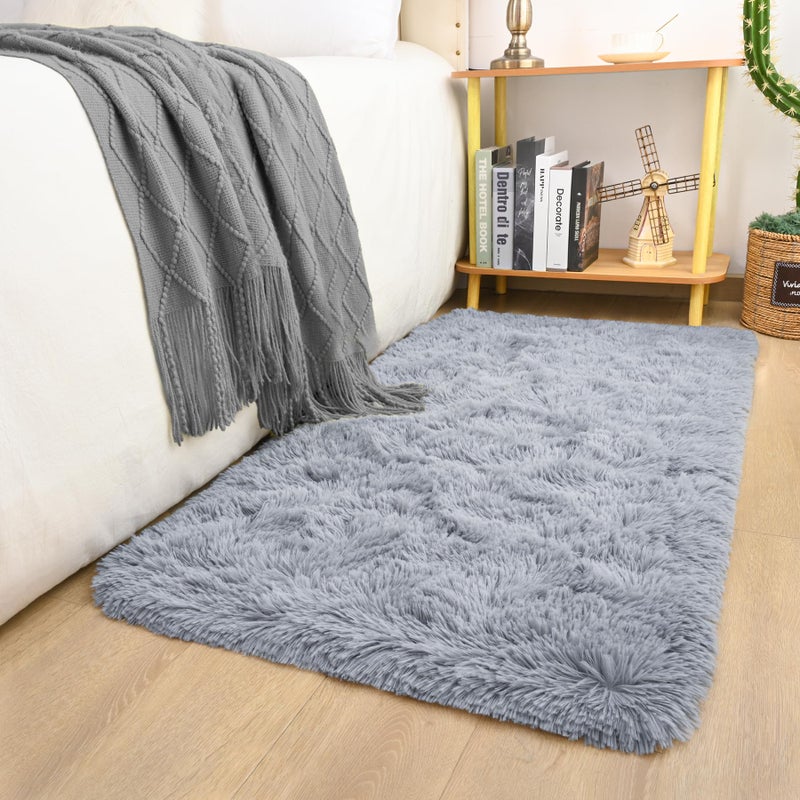 Keeko Small Bedroom Runner Rug 2x4 Grey Fluffy Bedside Rugs for Kids Room Nursery Living Room Shag Entryway Throw Rug Fuzzy Indoor Area Carpet Cute Rugs for Boy Baby Girl Room Dorm Decor