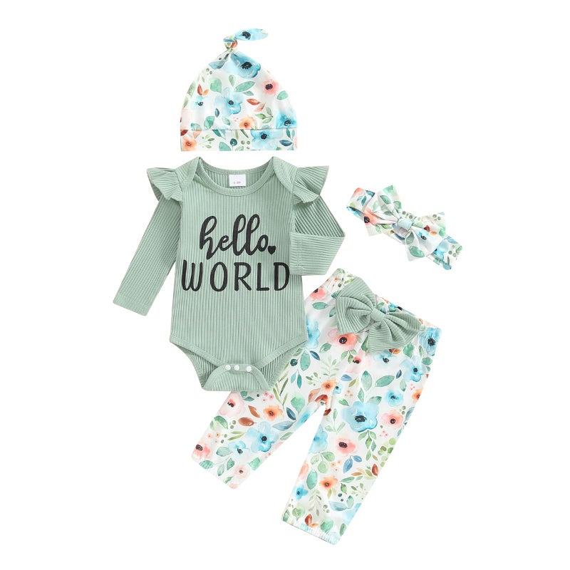 wybzd Hello World Newborn Outfit Baby Girl Going Home Outfit Ruffle Ribbed Romper Top Floral Pants Set Cute Summer Clothes (Green Hello Pants Set, 0-3 Months) - Image 1