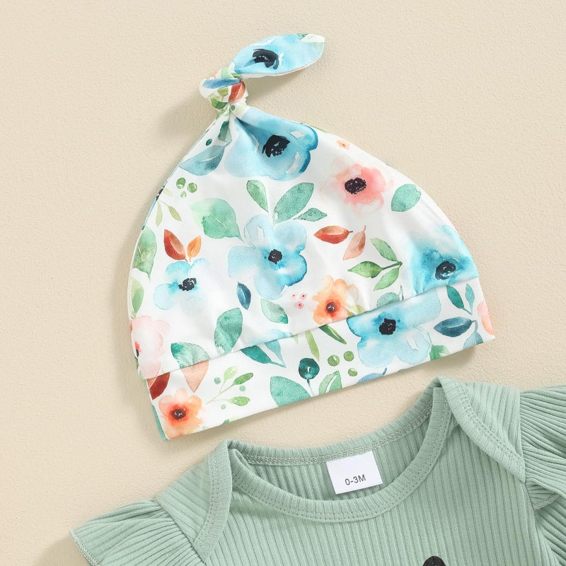 wybzd Hello World Newborn Outfit Baby Girl Going Home Outfit Ruffle Ribbed Romper Top Floral Pants Set Cute Summer Clothes (Green Hello Pants Set, 0-3 Months) - Image 2