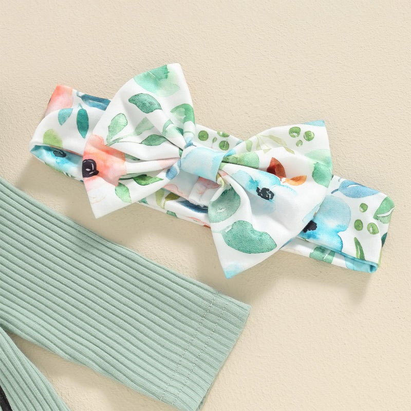 wybzd Hello World Newborn Outfit Baby Girl Going Home Outfit Ruffle Ribbed Romper Top Floral Pants Set Cute Summer Clothes (Green Hello Pants Set, 0-3 Months) - Image 3