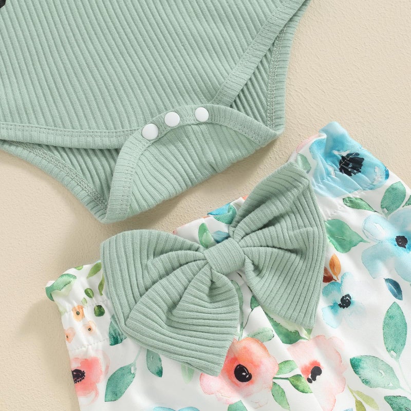 wybzd Hello World Newborn Outfit Baby Girl Going Home Outfit Ruffle Ribbed Romper Top Floral Pants Set Cute Summer Clothes (Green Hello Pants Set, 0-3 Months) - Image 4