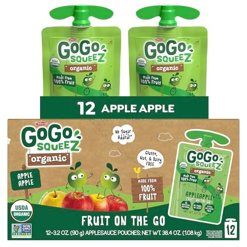 GoGo squeeZ No Sugar Added Organic Applesauce and Fruit Puree Apple Apple 32 oz Pouches Pack of 12 Fruit Snacks for Kids Gluten Free Nut Free Recloseable Cap BPA Free - Image 1