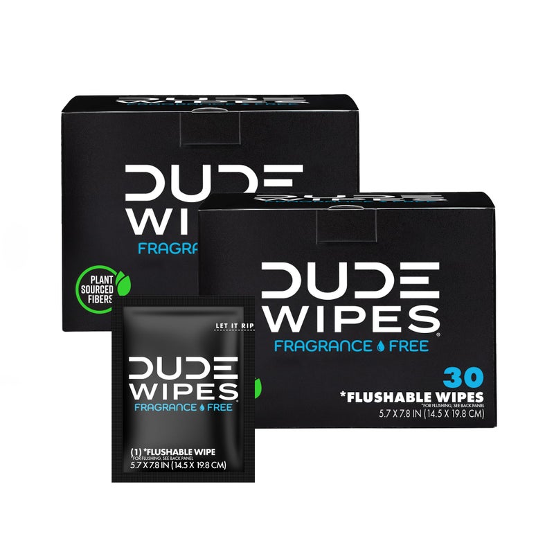 DUDE Wipes - On-The-Go Flushable Wipes - 2 Pack, 60 Wipes - Unscented Extra-Large Individually Wrapped Adult Wet Wipes - Vitamin E & Aloe - Septic and Sewer Safe - Image 1