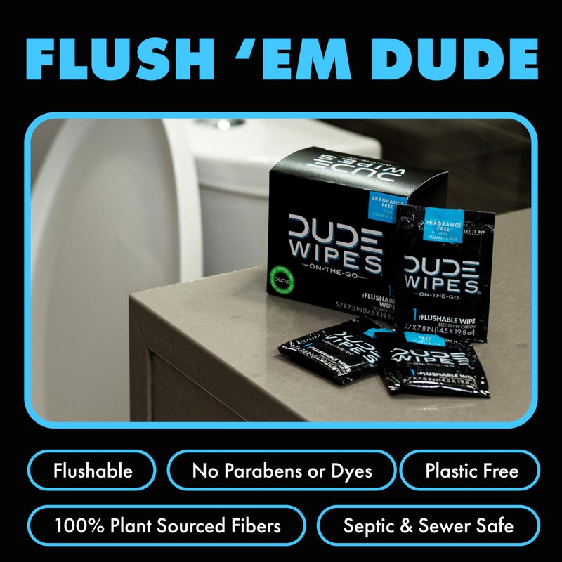 DUDE Wipes - On-The-Go Flushable Wipes - 2 Pack, 60 Wipes - Unscented Extra-Large Individually Wrapped Adult Wet Wipes - Vitamin E & Aloe - Septic and Sewer Safe - Image 3